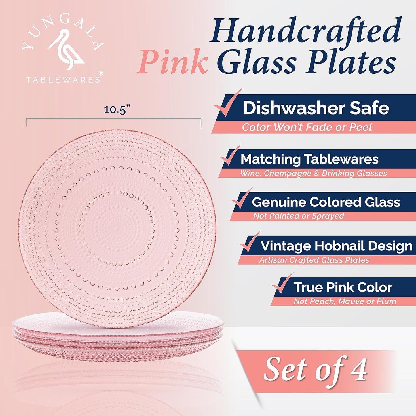 Pink Glass Plates set of 4 Hobnail