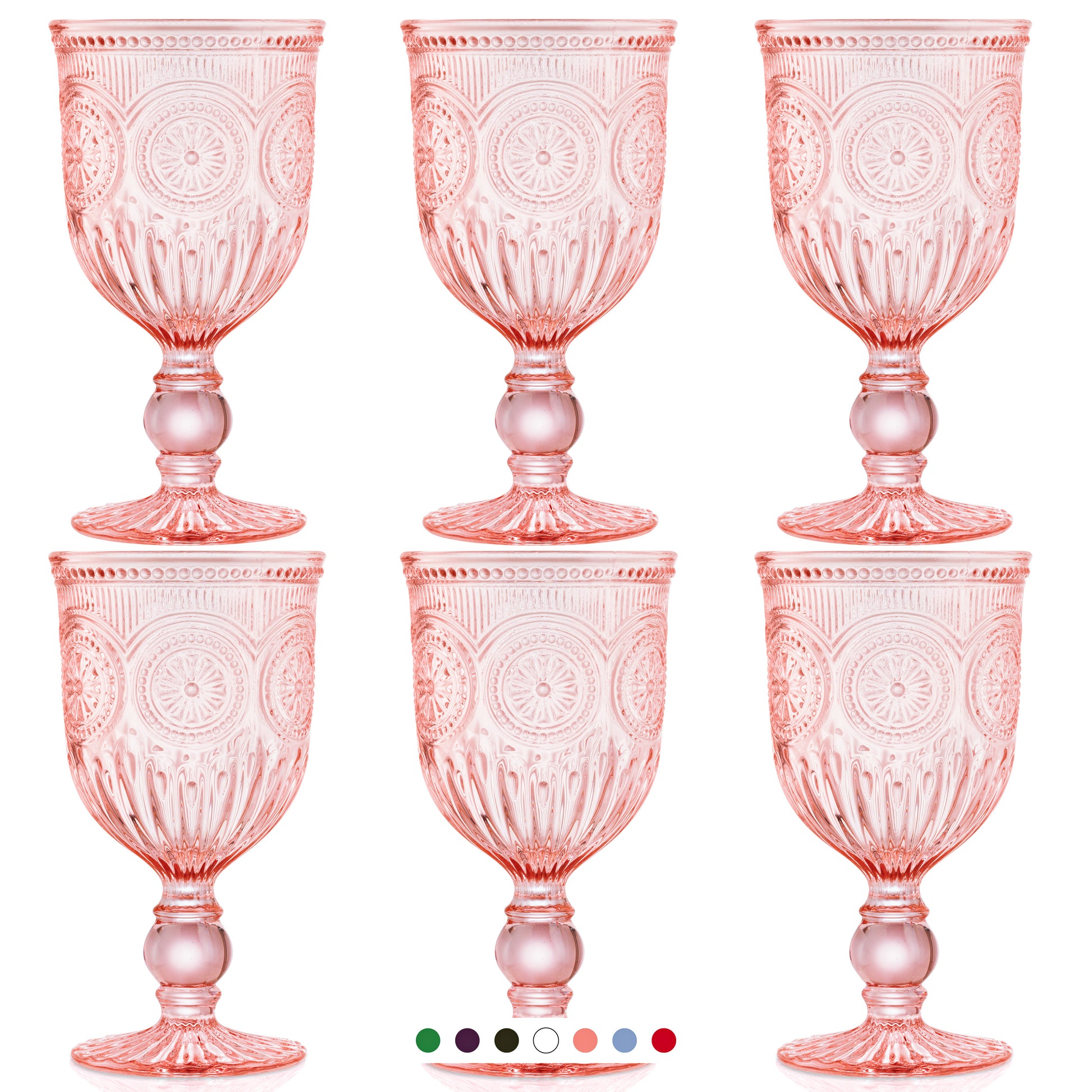 Yungala Pink Glassware Set of 6 Small Pink Cups with Beautifully Embossed Sunflower Design, Strong Sturdy Glass 100% Dishwasher Safe